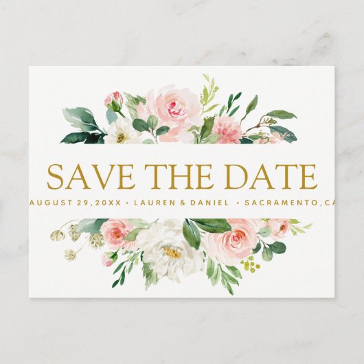 Modern Blush | Floral Gold WEDDING de datum opslaa Aankondigingskaart (Voorkant)