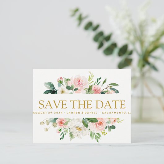 Modern Blush | Floral Gold WEDDING de datum opslaa Aankondigingskaart (Staand voorkant)
