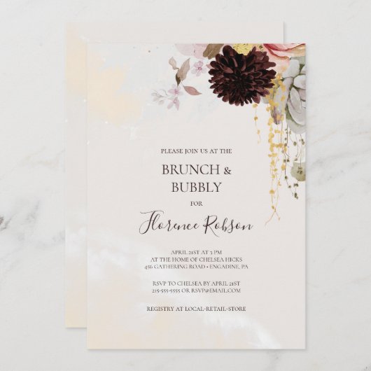 Modern Blush Floral | Marble Brunch en Bubble Kaart (Voorkant / Achterkant)