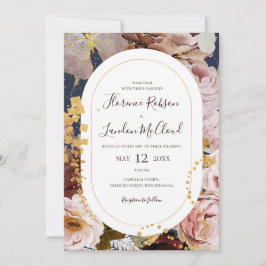 Modern Blush Floral | marine all in one Wedding Kaart