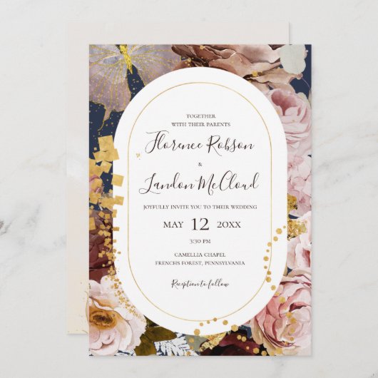 Modern Blush Floral | marine all in one Wedding Kaart (Voorkant / Achterkant)