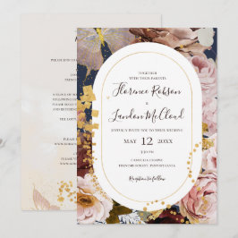 Modern Blush Floral | marine all in one Wedding Kaart