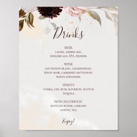 Modern Blush Floral | Menu Drinken Waterverf Poster (Voorkant)