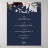 Modern Blush Floral | Menu Navy Wedding Drinken Poster (Voorkant)