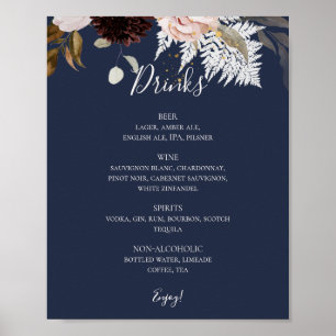 Modern Blush Floral   Menu Navy Wedding Drinken Poster