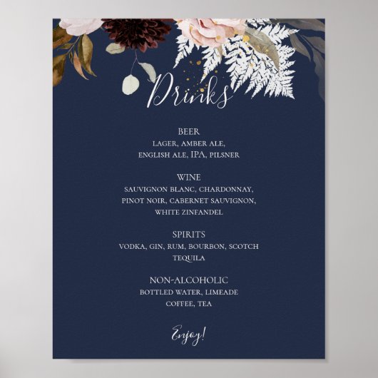 Modern Blush Floral | Menu Navy Wedding Drinken Poster (Voorkant)