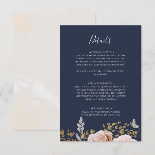 Modern Blush Floral | Navy Details Enclosure Card Informatiekaartje (Voorkant / Achterkant)
