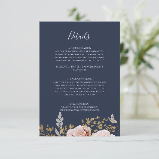 Modern Blush Floral | Navy Details Enclosure Card Informatiekaartje (Staand voorkant)