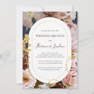 Modern Blush Floral   Navy Wedding Brunch Kaart