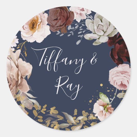 Modern Blush Floral Navy Wedding Envelope Seals Ronde Sticker (Voorkant)