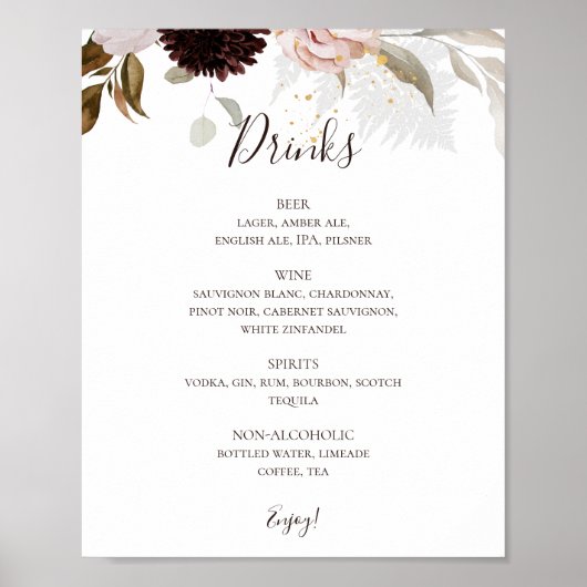 Modern Blush Floral | Onderteken van het menu Drin Poster (Voorkant)