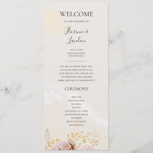 Modern Blush Floral | Programma voor Waterverf bru Programmakaart (Voorkant)