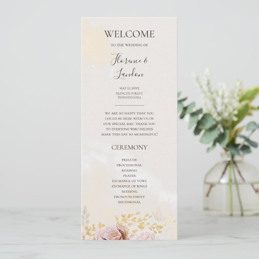 Modern Blush Floral | Programma voor Waterverf bru Programmakaart (Staand voorkant)