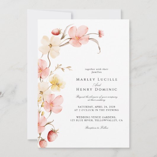 Modern Blush Floral QR Code All In One Wedding Kaart (Voorkant)