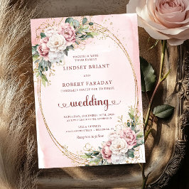Modern Blush Floral Rose Gold Wedding Invitation Kaart