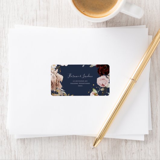 Modern Blush Floral | Terugzendadres Navy RSVP Etiket (Insitu)