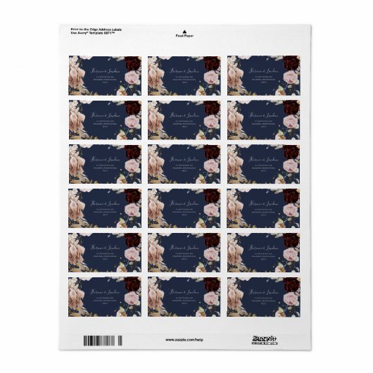 Modern Blush Floral | Terugzendadres Navy RSVP Etiket (Full Sheet)