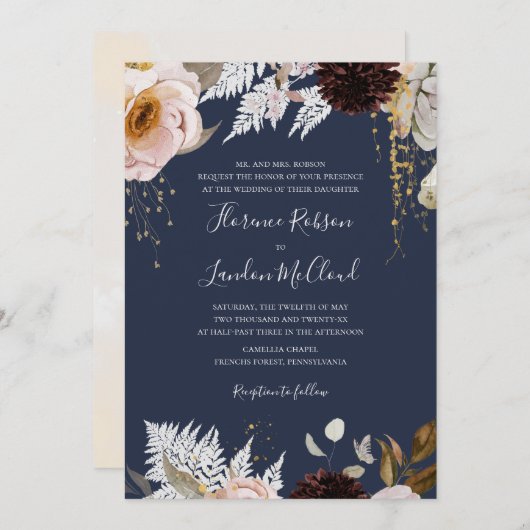 Modern Blush Floral | Traditionele marinebruiloft Kaart (Voorkant / Achterkant)