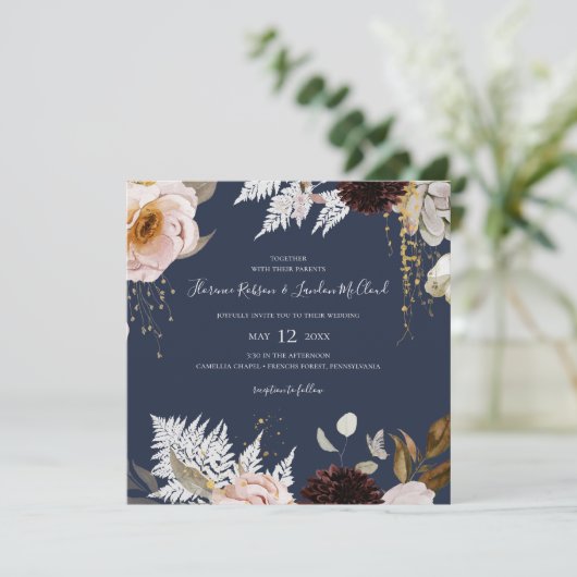 Modern Blush Floral | Vierkant marinehuwelijk Kaart (Staand voorkant)