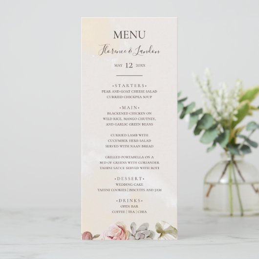 Modern Blush Floral | Waterverf bruiloft Menu (Staand voorkant)