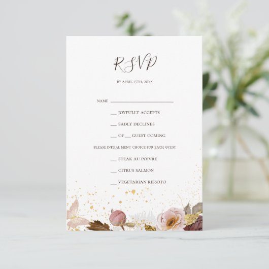 Modern Blush Floral | Waterverf menu Keuze RSVP (Staand voorkant)