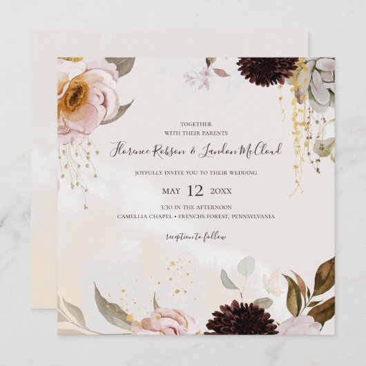 Modern Blush Floral | Waterverf Square Wedding Kaart (Voorkant / Achterkant)