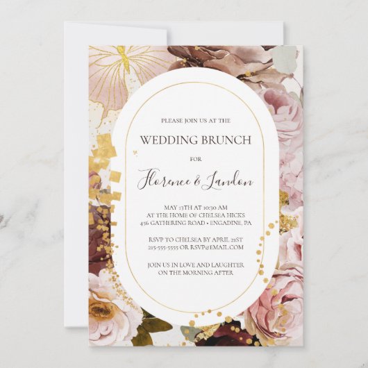Modern Blush Floral | Waterverf Wedding Brunch Kaart (Voorkant)