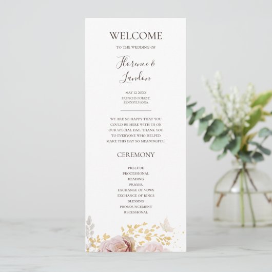 Modern Blush Floral | Weddenschap-programma Programmakaart (Staand voorkant)