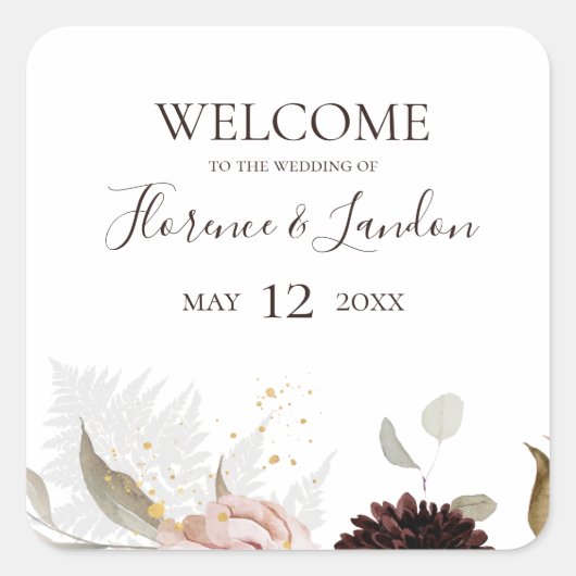 Modern Blush Floral | Welkom bruiloft Vierkante Sticker (Voorkant)
