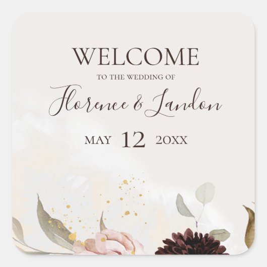 Modern Blush Floral | Welkom Waterverf Weddenschap Vierkante Sticker (Voorkant)