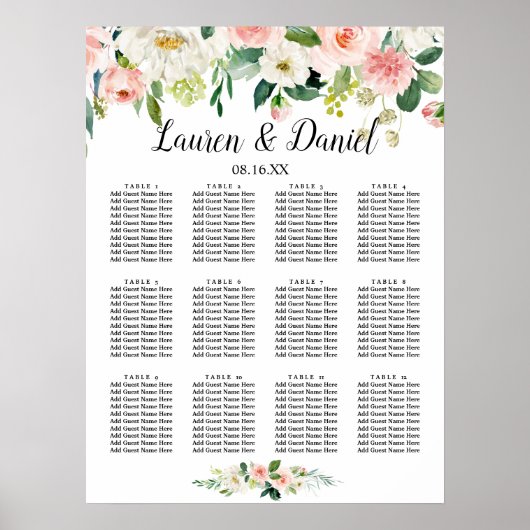 Modern Blush Flowers Wedding Seating Chart Poster (Voorkant)