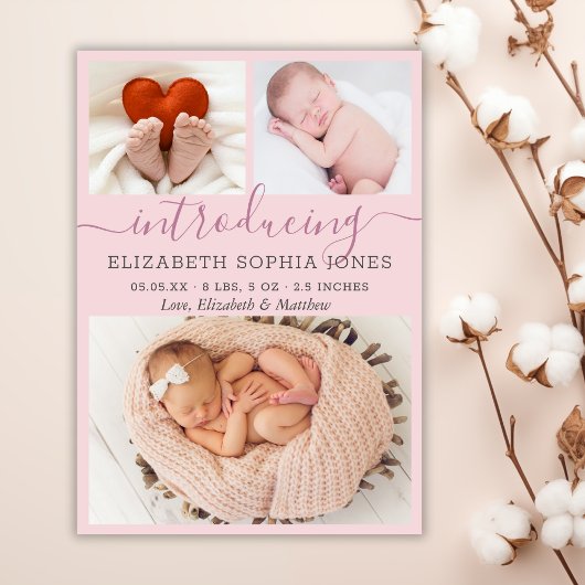 Modern Blush Girl Announcement Foto Collage Aankondiging