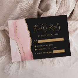 Modern Blush Gold Agate Dark Wedding RSVP Kaartje