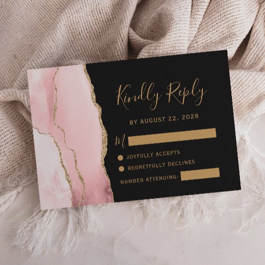 Modern Blush Gold Agate Dark Wedding RSVP Kaartje