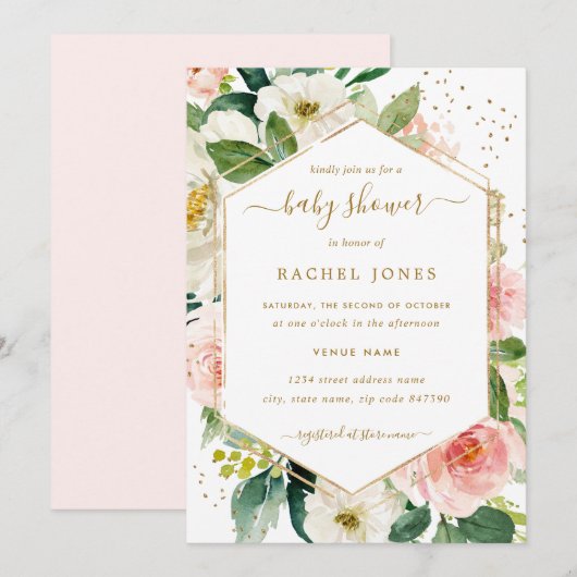 Modern Blush Gold Floral Baby shower Kaart (Voorkant / Achterkant)