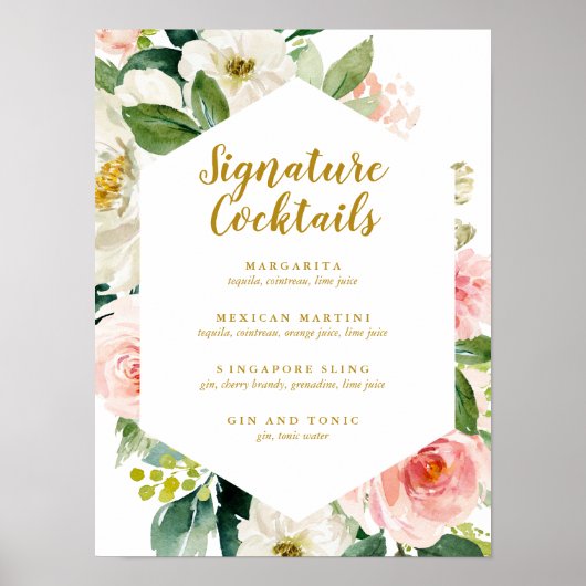 Modern Blush Gold Floral Signature Cocktail Menu Poster (Voorkant)
