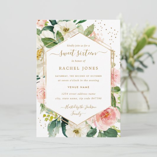 Modern Blush Gold Floral Waterverf Sweet Sixteen Kaart (Staand voorkant)