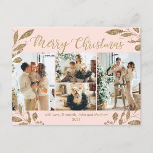 Modern Blush Gold Leaves Foto Collage Kerstmis Briefkaart