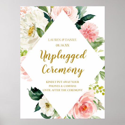Modern Blush Gold Unplugged Wedding Ceremony Sign Poster (Voorkant)