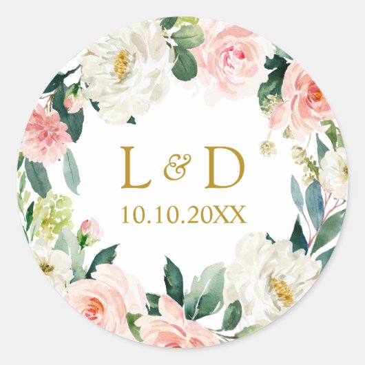 Modern Blush Goud Bloemen Bruiloft Classic Monogra Ronde Sticker (Voorkant)