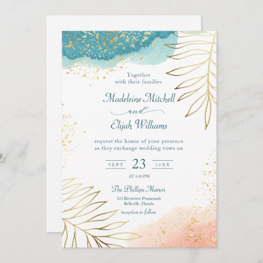 Modern Blush Gouden Bloemen Waterverf bruiloft Kaart (Voorkant / Achterkant)