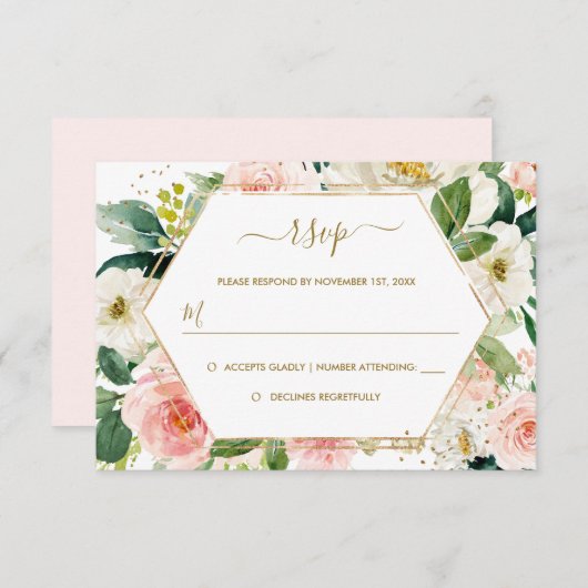 Modern Blush Gouden Bloemen Waterverf Trouwen RSVP (Voorkant / Achterkant)