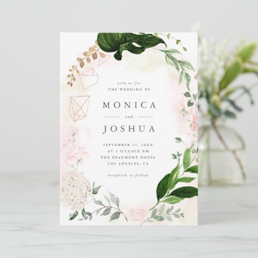 Modern Blush & Green Botanical Greenery Wedding Kaart (Staand voorkant)