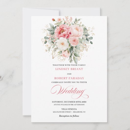 Modern Blush Greenery Gold Wedding Invite Kaart (Voorkant)