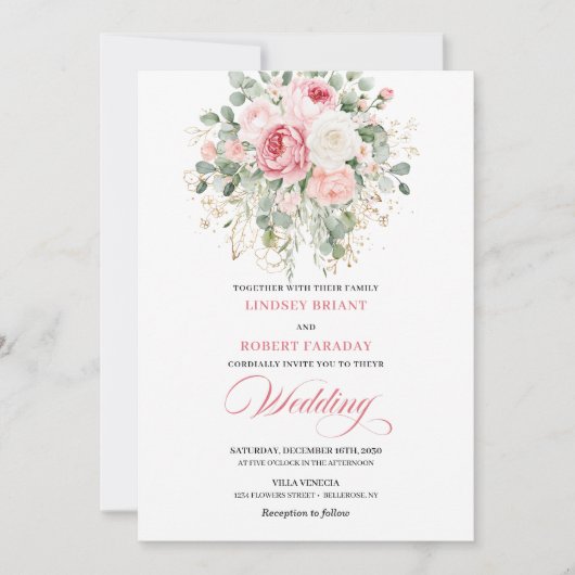 Modern Blush Greenery Gold Wedding Invite Kaart (Voorkant)