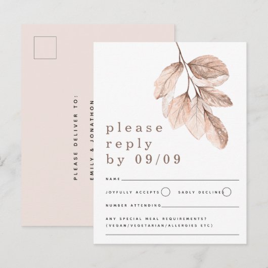 Modern Blush Leaves Bruiloft RSVP Briefkaart (Voorkant / Achterkant)