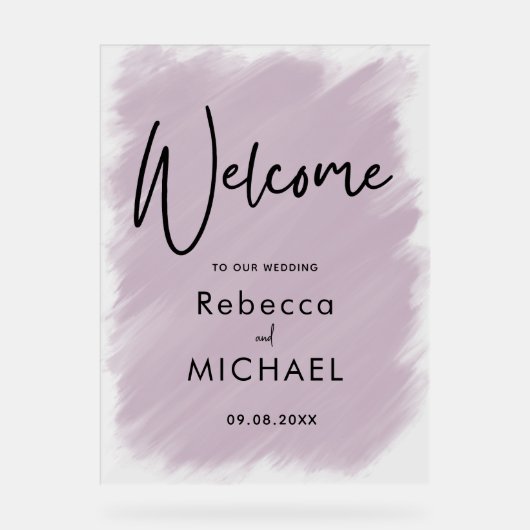 Modern blush lila geschilderd bruiloft welkom acryl bord (Voorkant)