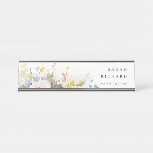 Modern Blush Lila Waterverf Roos Bloemen Bunch Bureau Naambordje (Voorkant)