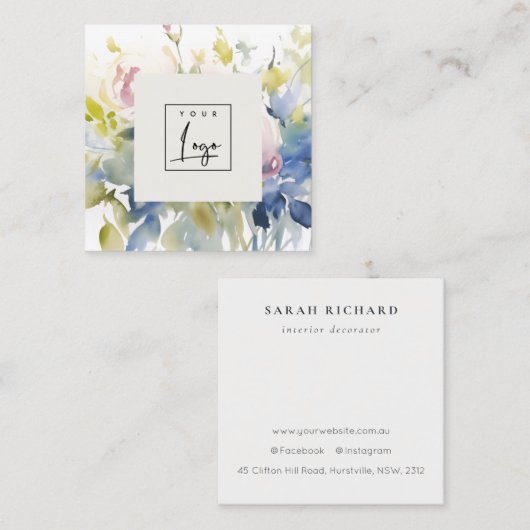 Modern Blush Lila Waterverf Roos Bloemen Logo Vierkante Visitekaartje (Voorkant / Achterkant)