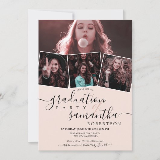 Modern blush minimalistisch script 4 foto's afstud kaart (Voorkant)